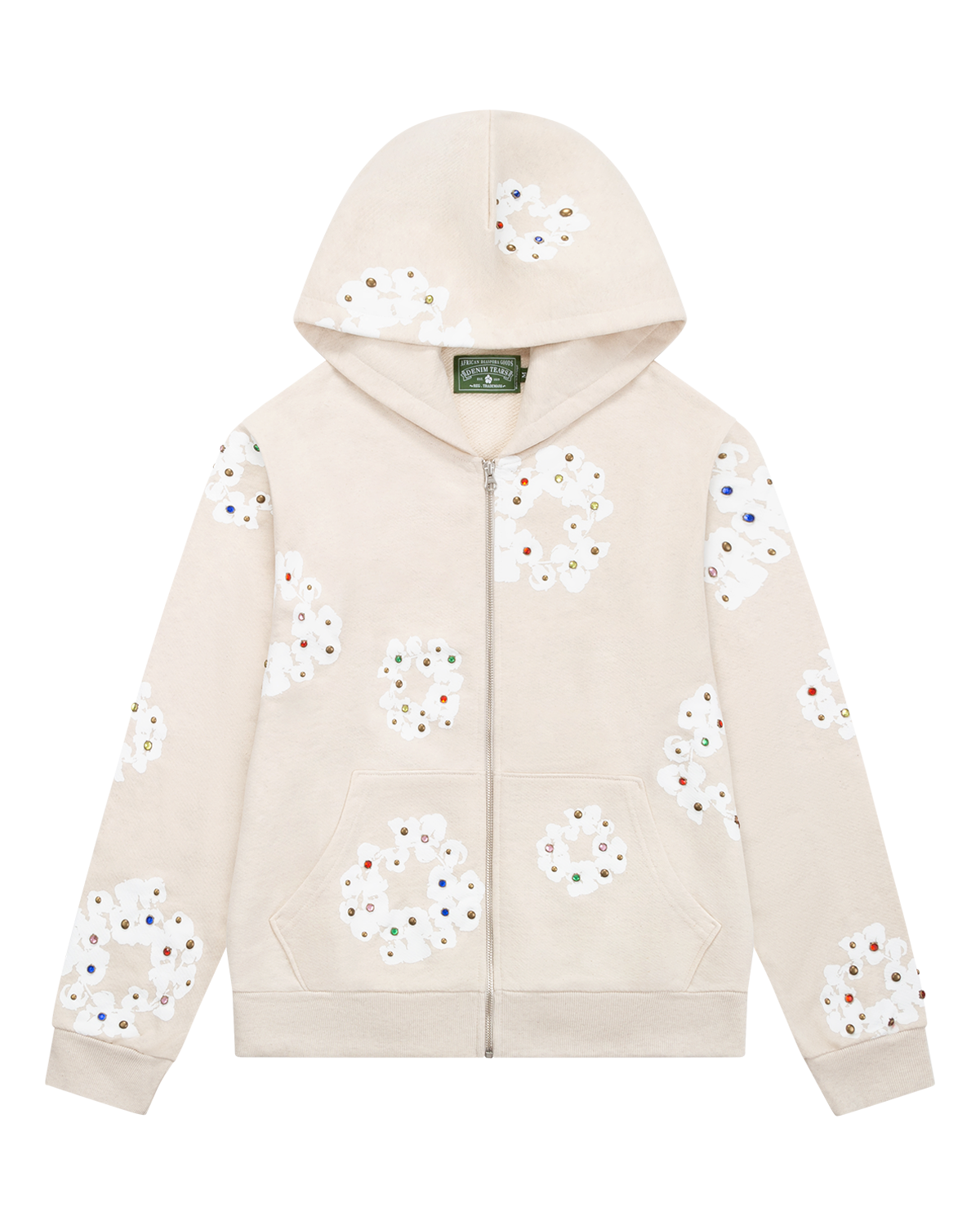 Rhinestone Cotton Wreath Zip Hoodie Oatmeal