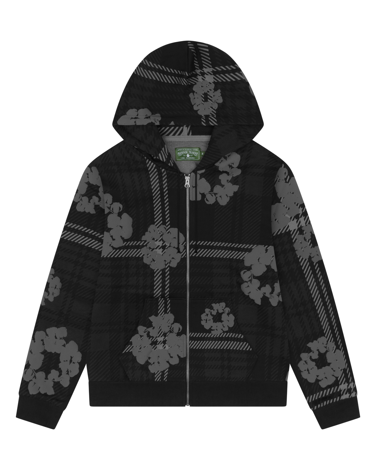Plaid Cotton Wreath Zip Hoodie Black