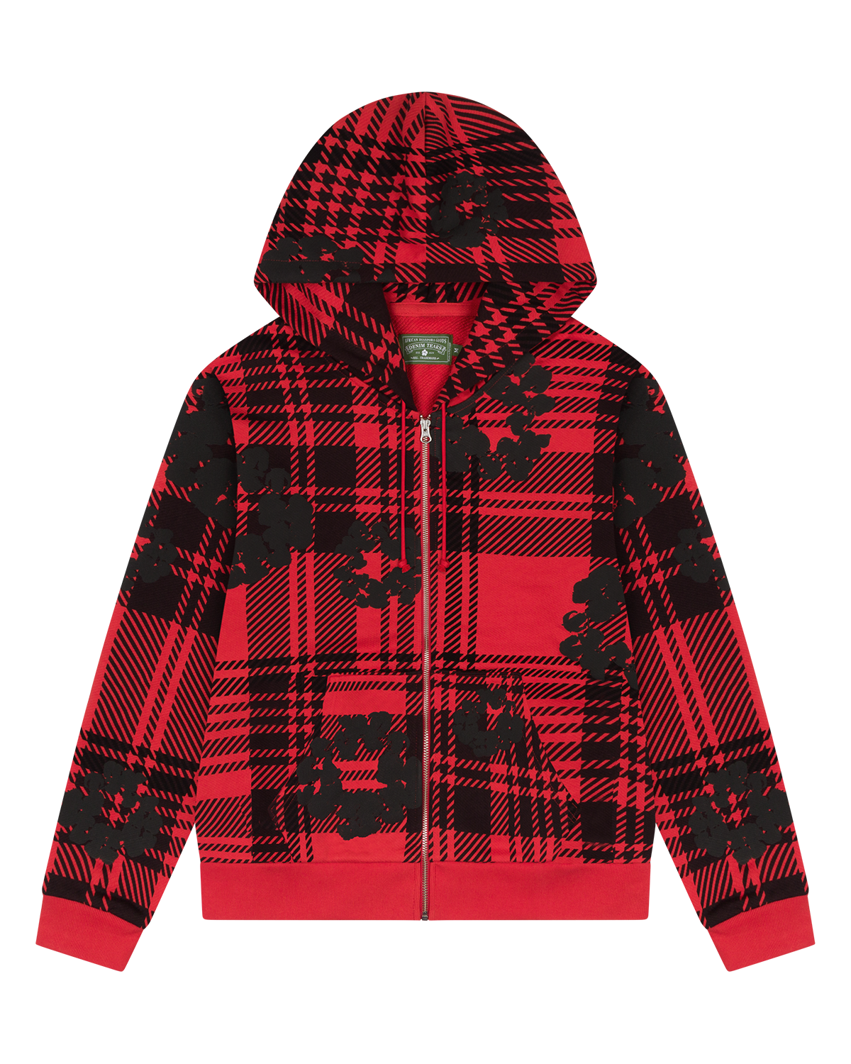 Plaid Cotton Wreath Zip Hoodie Red
