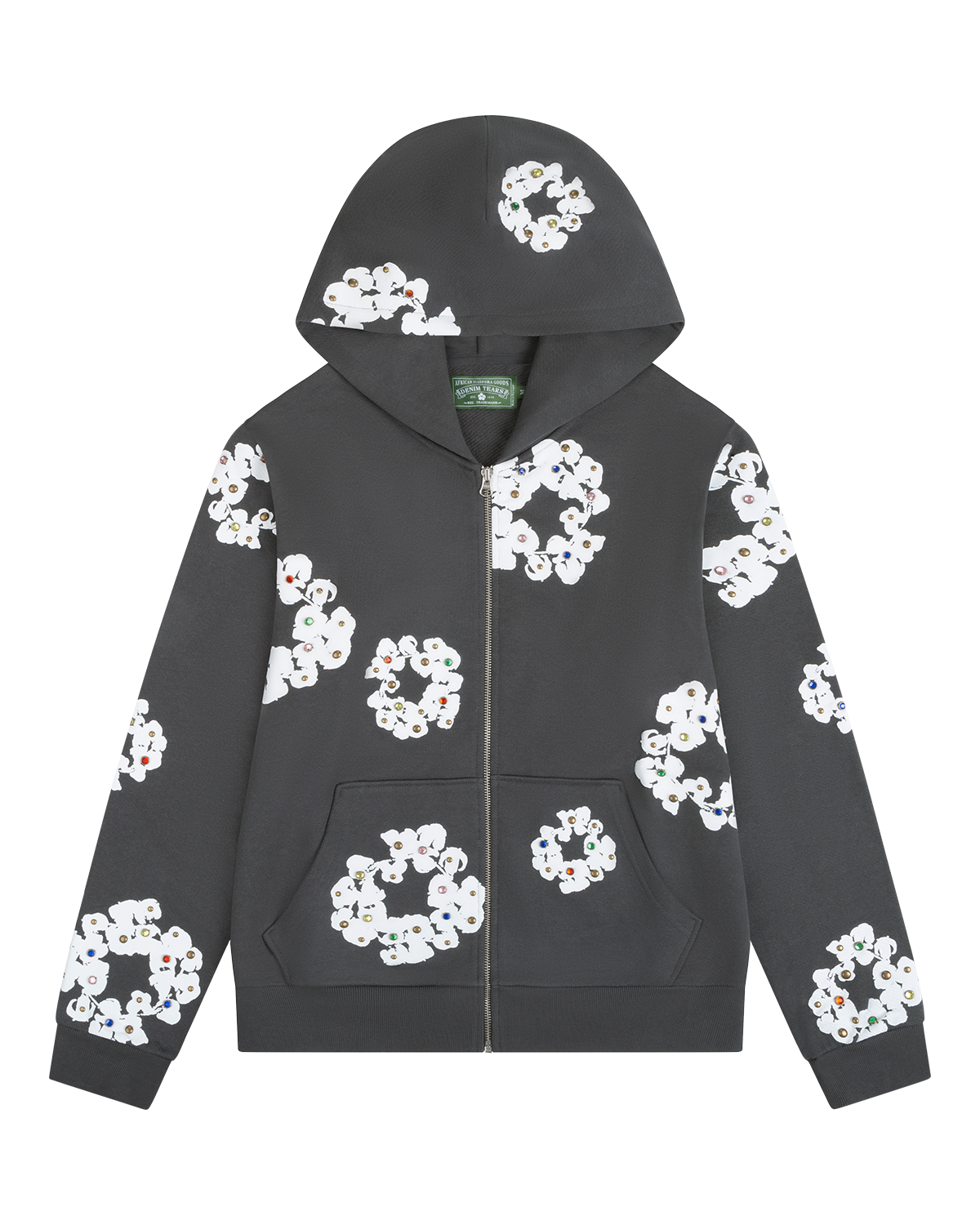 Rhinestone Cotton Wreath Zip Hoodie Vintage Black